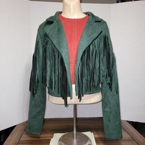 Coco & Shay Dark Green Faux Suede Crop Jacket w/ Fringe - Size Large*